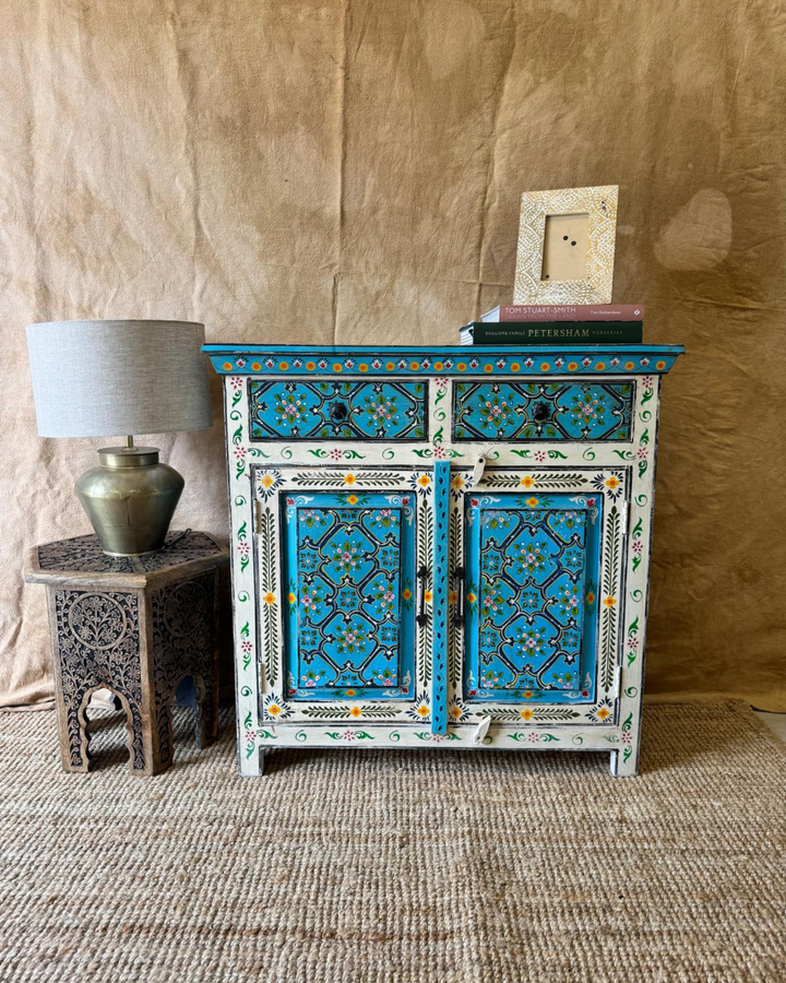 Hand-Painted Mango Wood Sideboard – Turquoise Floral Panels with 2 Doors & 2 Drawers