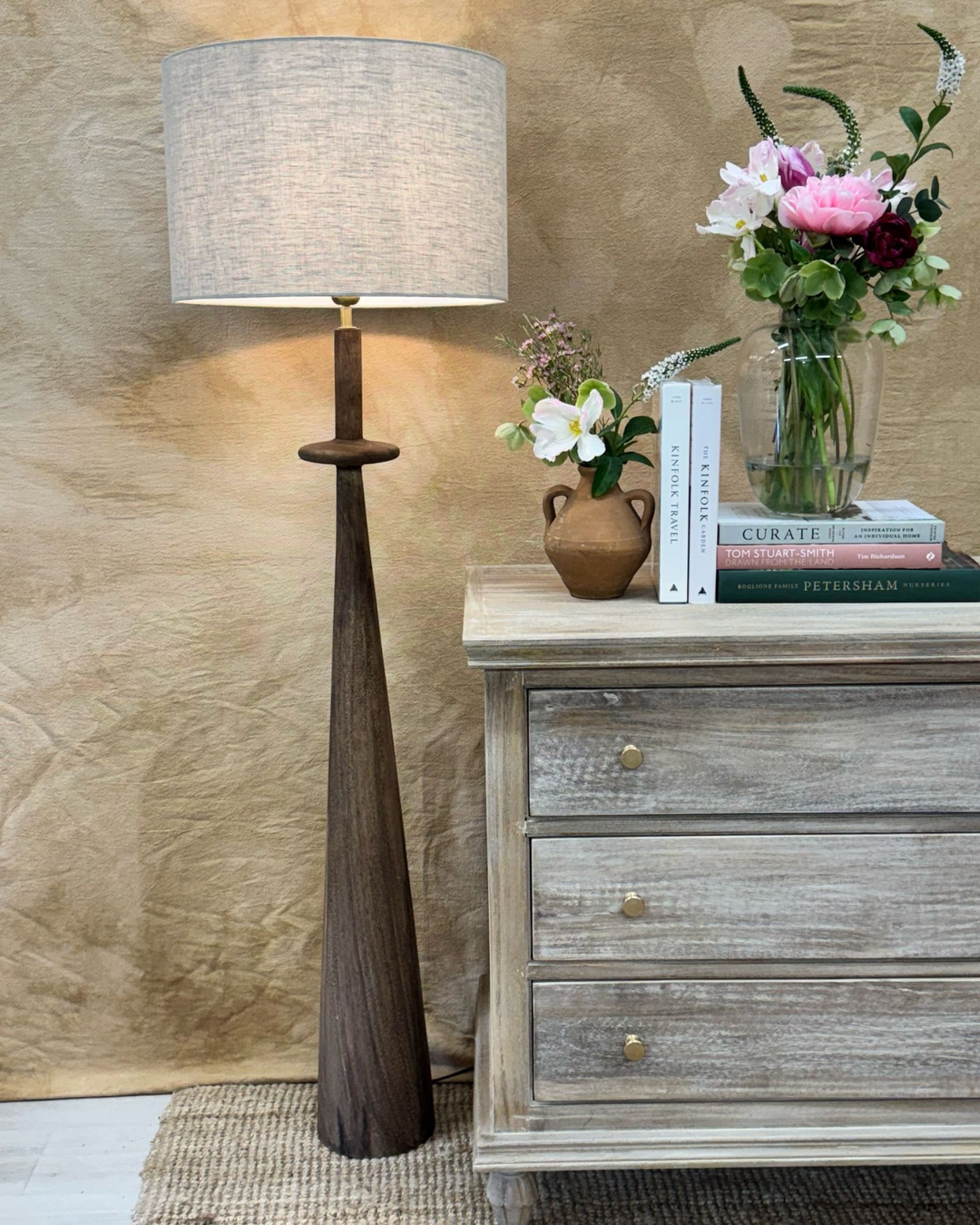 Mango Wood Floor Lamp – Tall Slender Design with Linen Shade