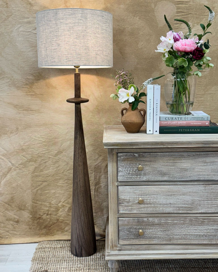 Mango Wood Floor Lamp – Tall Slender Design with Linen Shade