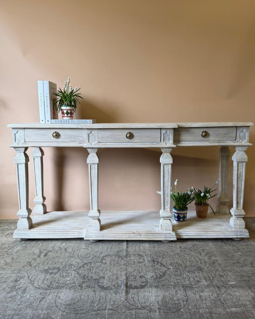 Whitewashed Mango Wood Imperial Console Table with Drawers and Shelf