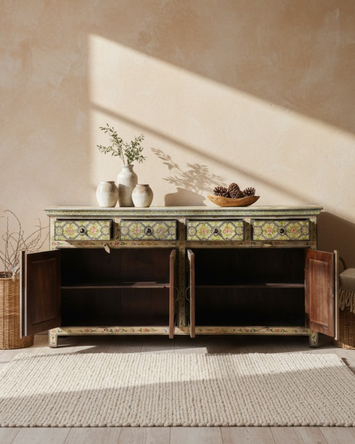 Hand-Painted Mango Wood Sideboard – 4 Doors & 4 Drawers, Floral Design (180cm)