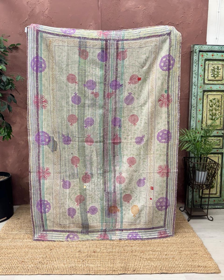 Vintage Hand-Embroidered Kantha Throw – Botanical Stripe Sari in Lilac, Green & Plum