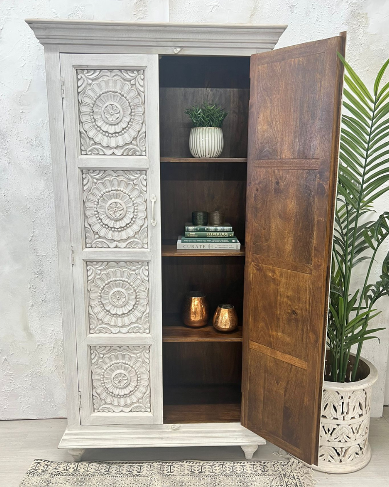 Beautiful Hand Carved Mango Wood Armoire with Petal Detailing