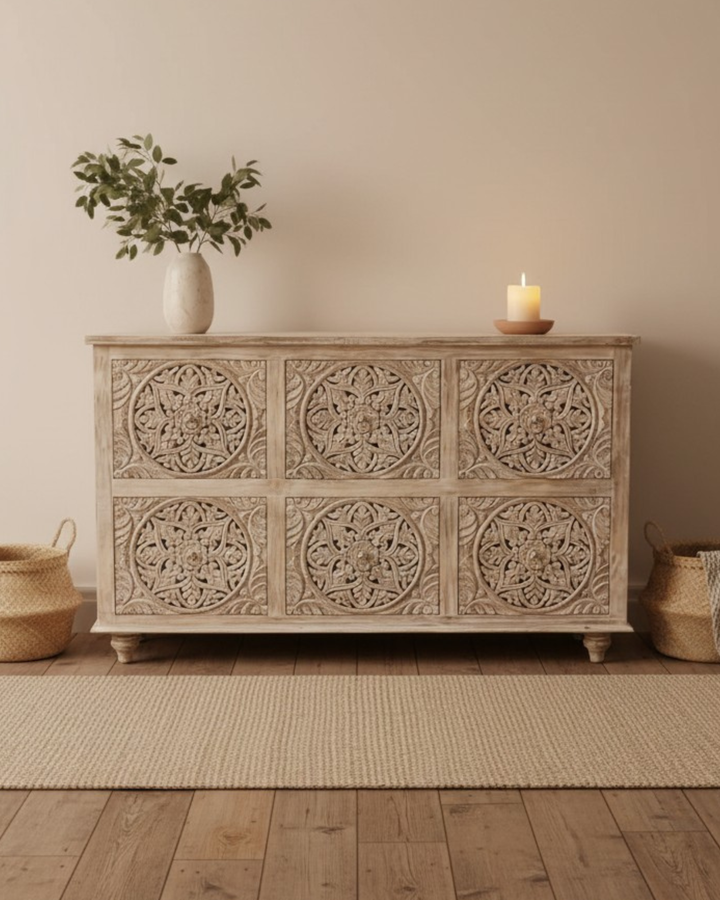 Six Drawer Mango Wood Chest of Drawers – Creamwashed Floral Carving