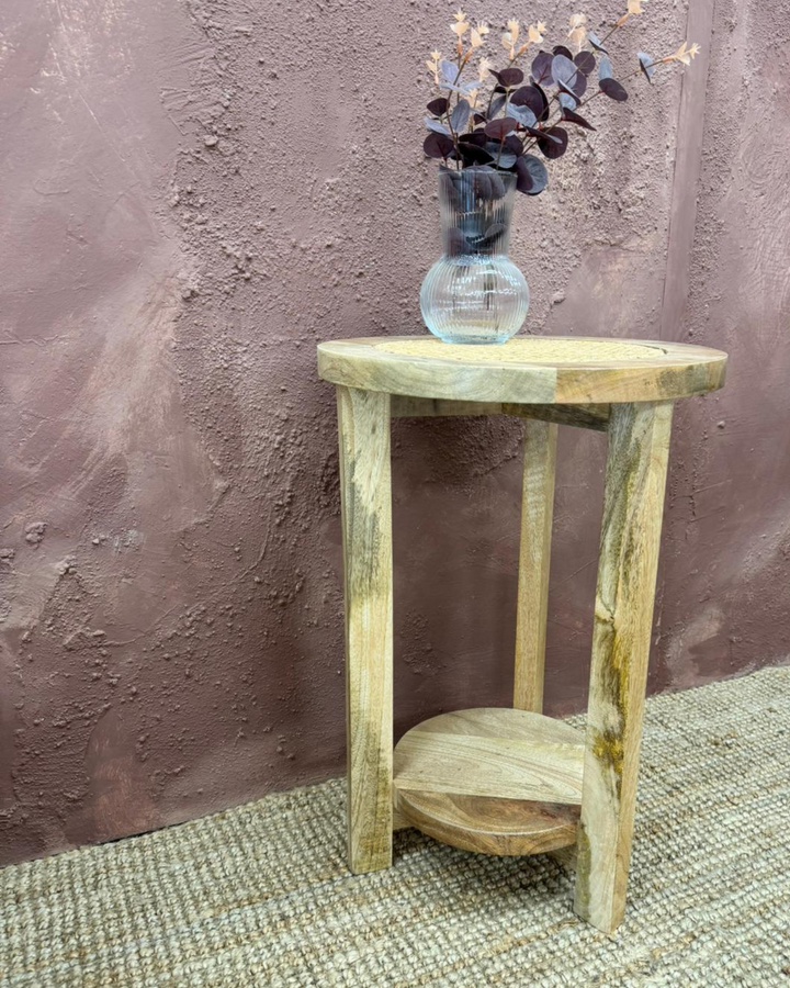 Hand Carved Round Mango Wood Side Table with Shelf