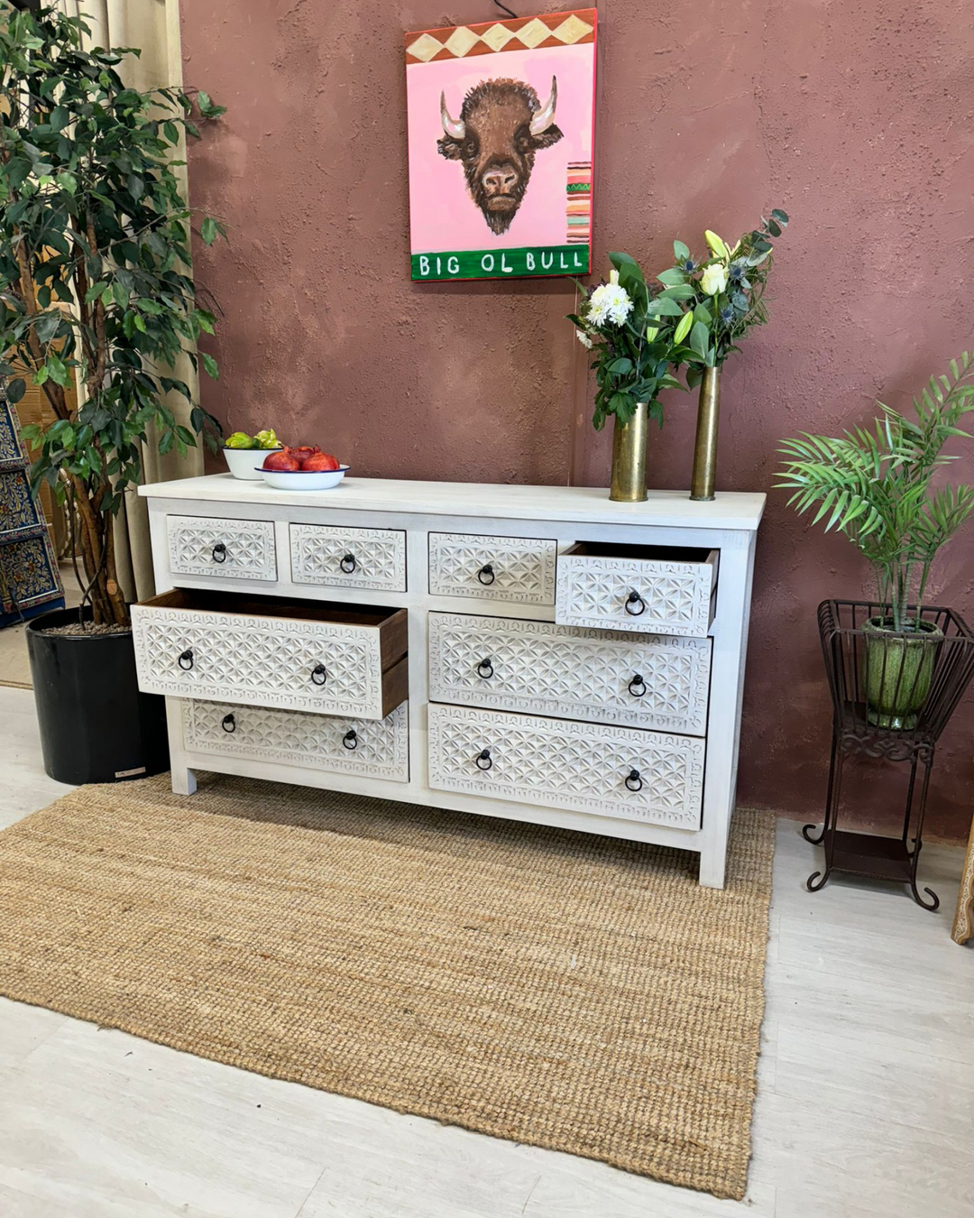 Whitewashed Mango Wood Chest of 8 Hand-Carved Drawers