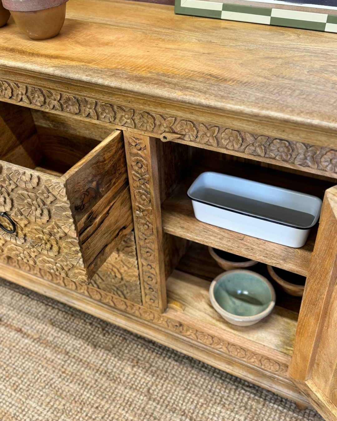 Hand-Carved Flower Design Natural Mango Wood Sideboard