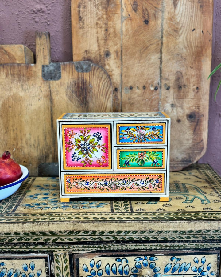 Hand-Painted Indian Mini Chest of Drawers with Floral Design