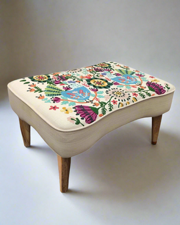 Hand-Embroidered Cotton Wingback Armchair & Footstool Set