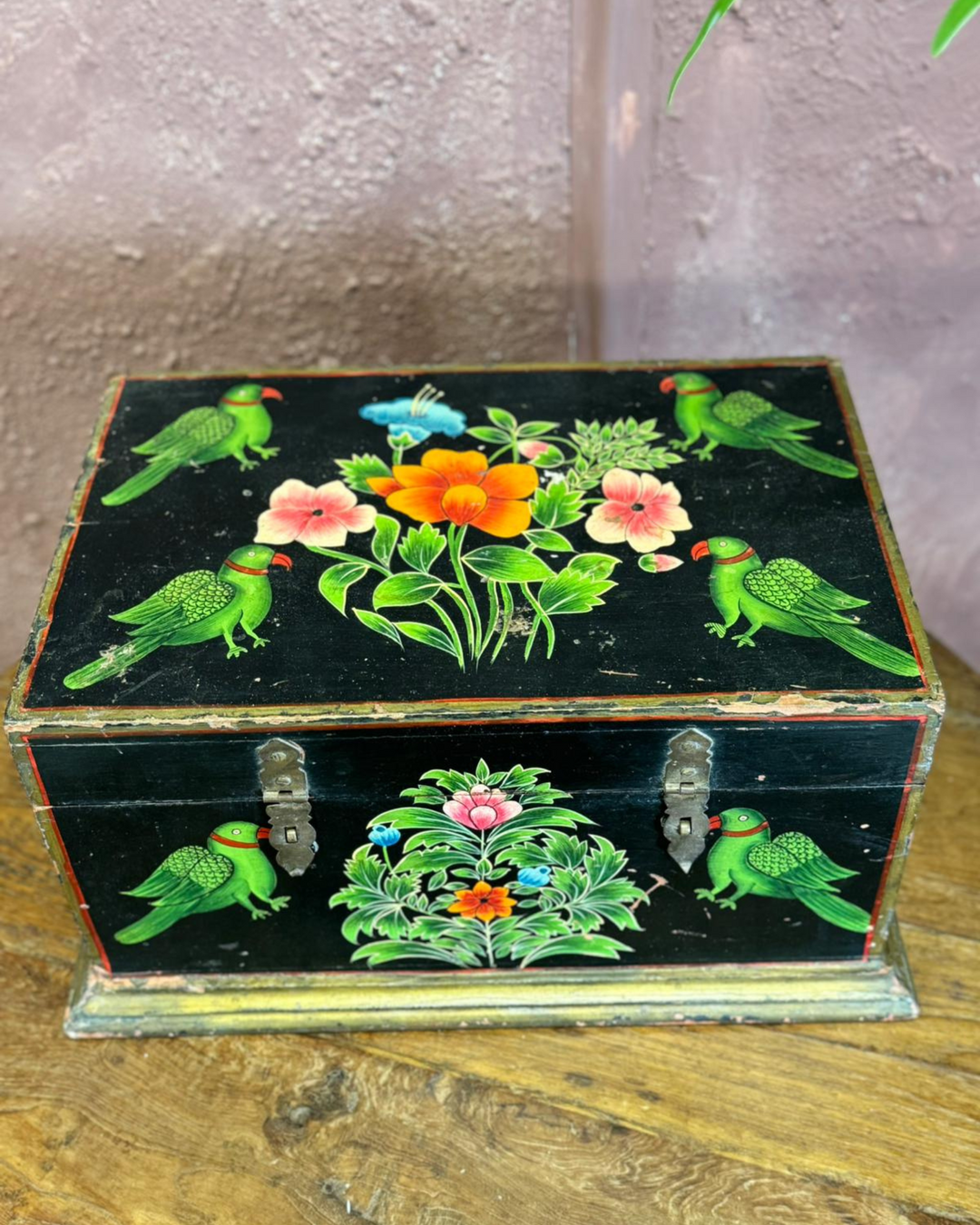 Hand-Painted Wooden Box with Floral and Bird Design