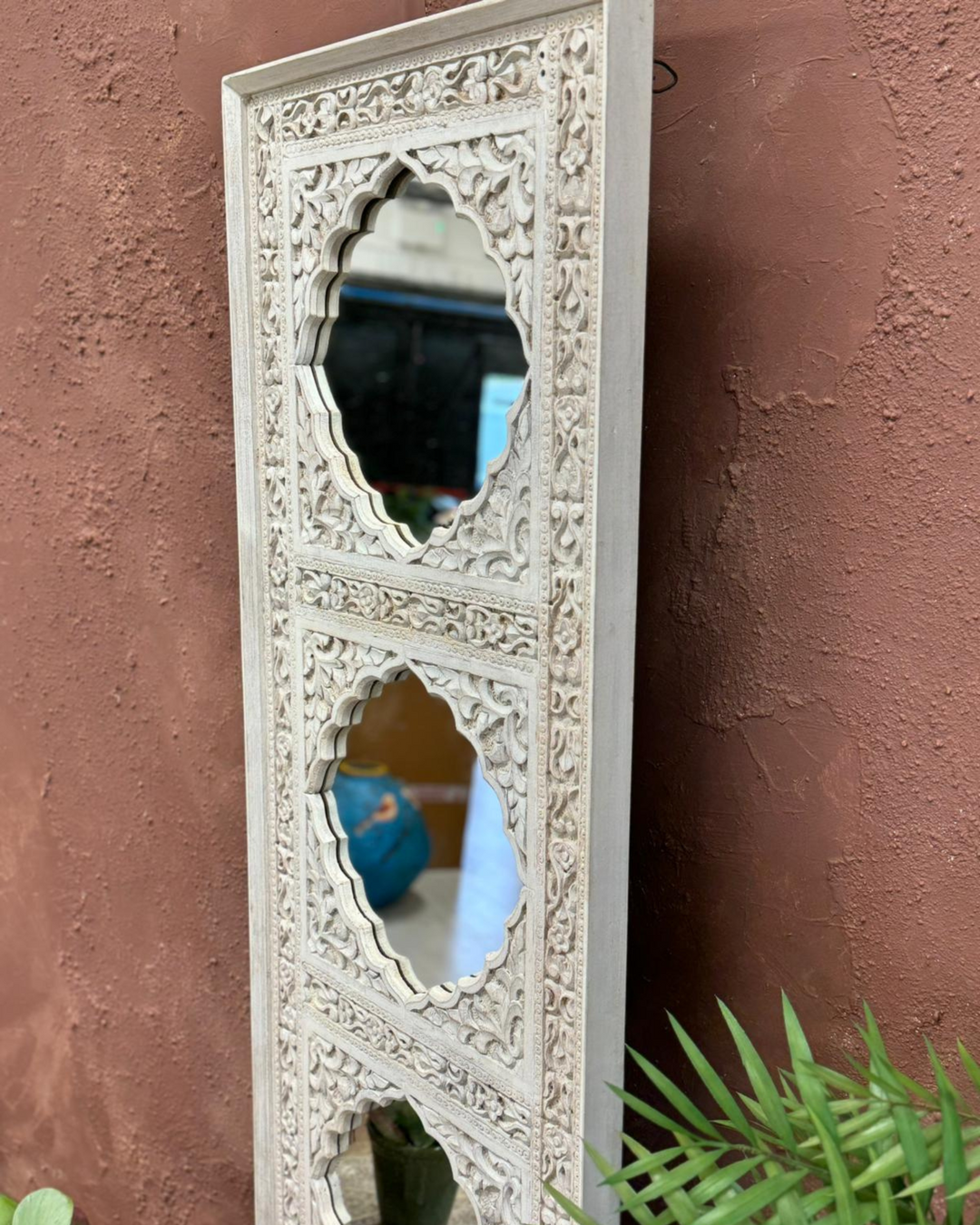 Hand-Carved Wall Mirror with Traditional Indian Design in Mango Wood