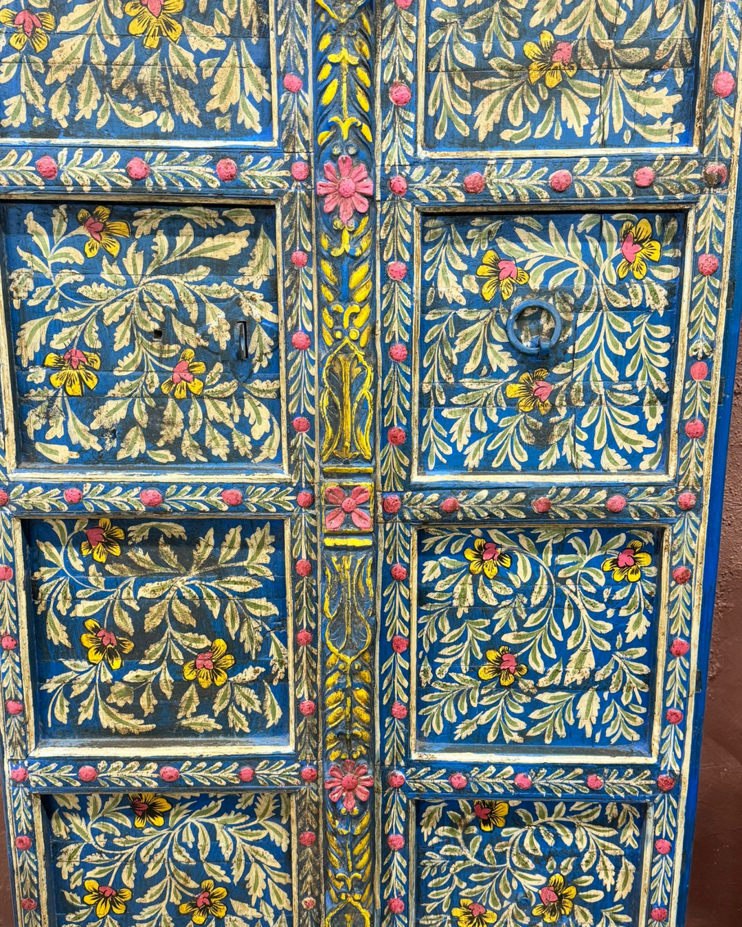 Reclaimed Vintage Hand-Painted Indian Wooden Door – Intricate Floral Artistry