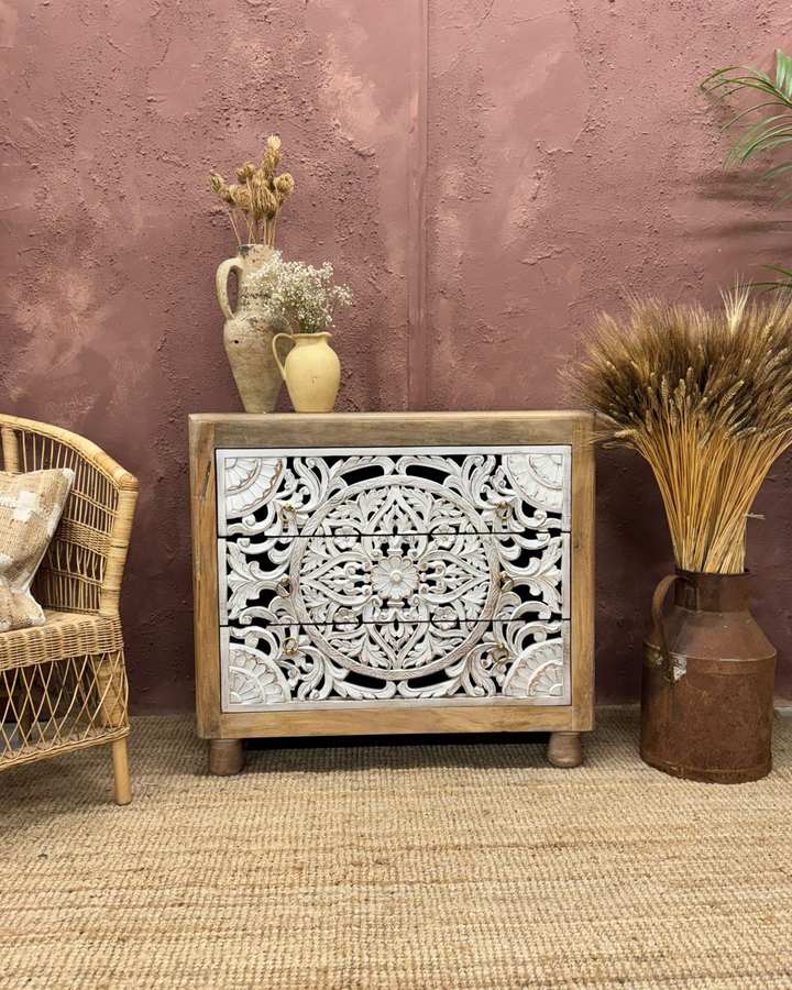 Hand-Carved Mango Wood Chest – 3 Drawers with Whitewashed Drawers
