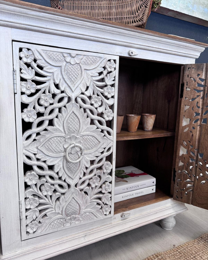 Hand-Carved Mango Wood 2-Door Sideboard