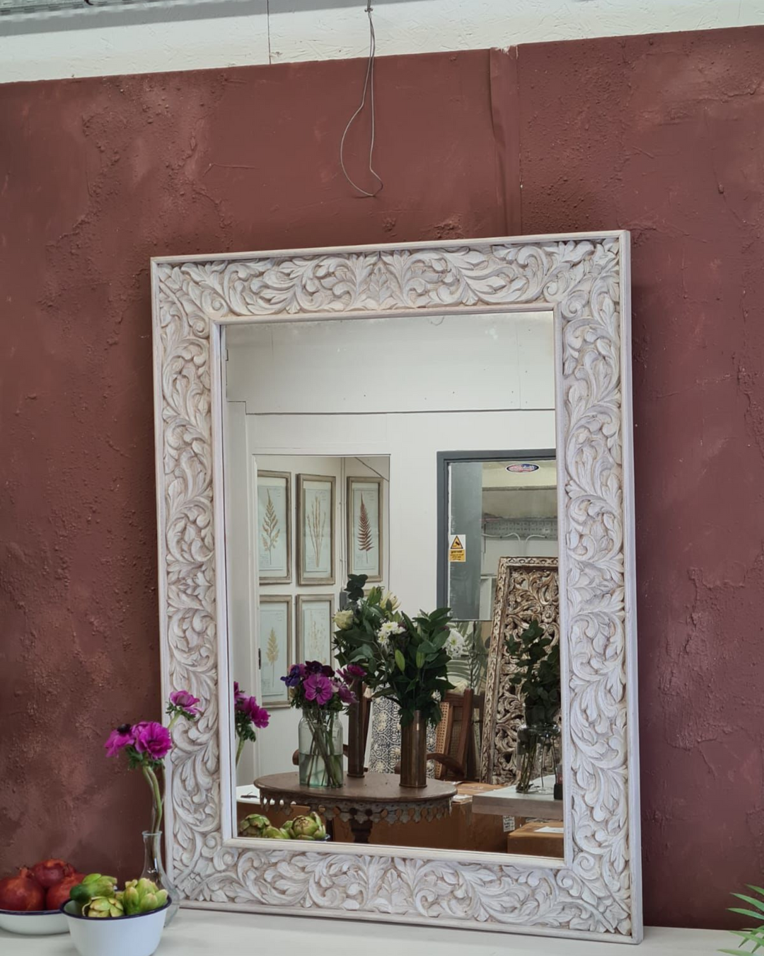 Versatile Hand-Carved Mango Wood Wall Mirror – Whitewashed Finish