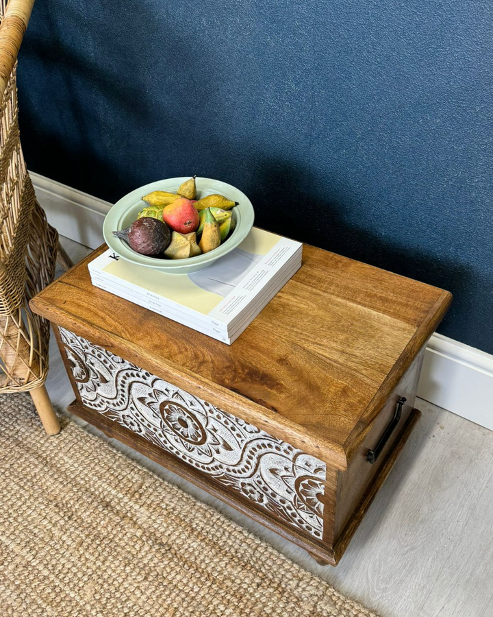 Ornately Carved Mango Wood Storage Chest