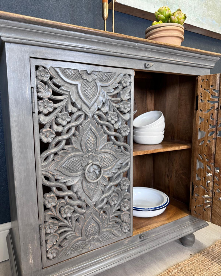 Hand-Carved Mango Wood 2-Door Sideboard