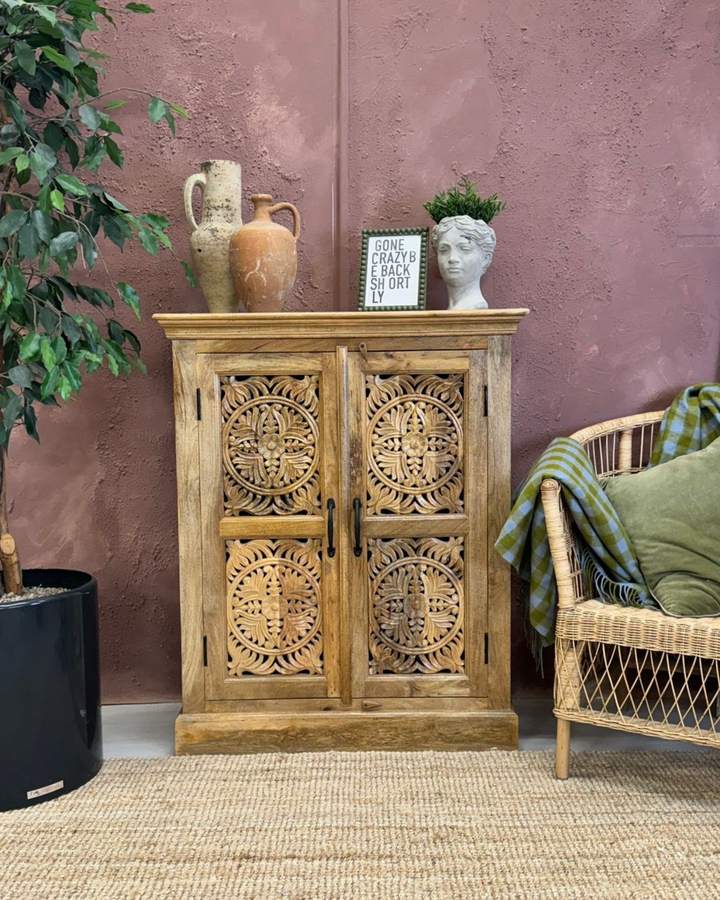 Natural Mango Wood Hand-Carved 2-Door Sideboard