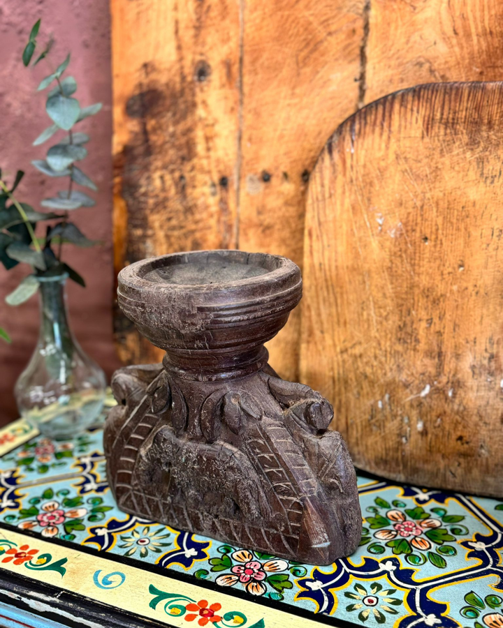 Hand-Carved Elephant Mango Wood Candleholder - Wide Base for Scented Candles