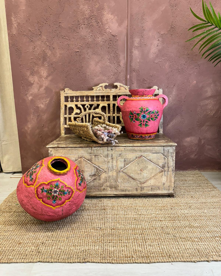 Handcrafted Indian Paper Mâché Pot - Vibrant Pink Floral Design