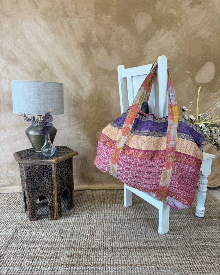 Handmade Upcycled Sari Tote Bag – Floral & Striped | Multi-Purpose Everyday & Beach Bag