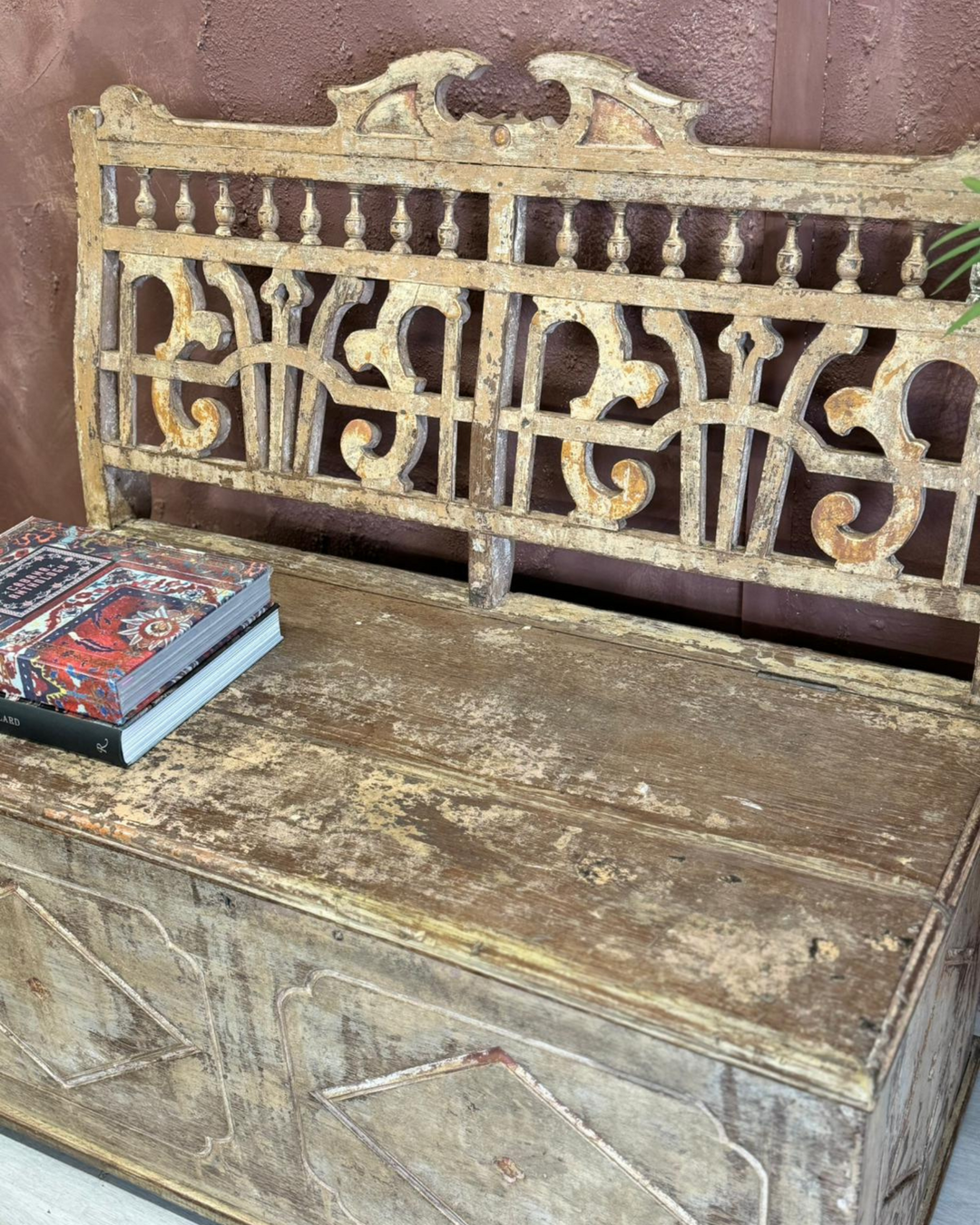 Vintage Reclaimed Teak Bench Seat with Backrest and Hidden Chest Compartment