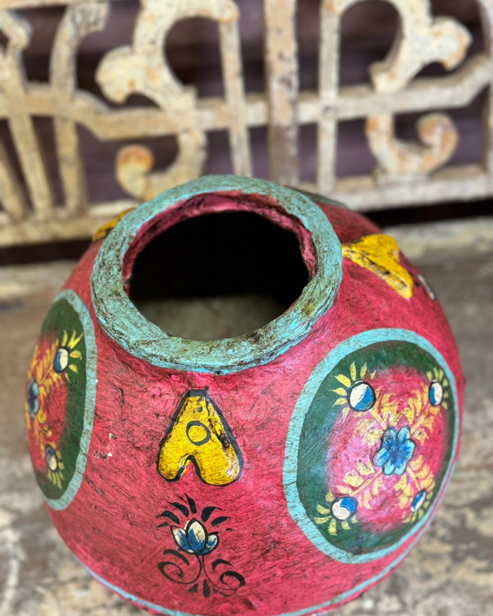 Hand-Painted Traditional Indian Papier-Mâché Decorative Pot