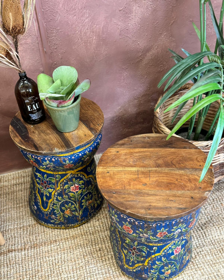 Vintage Hand-Painted Reclaimed Wooden Side Table – One-of-a-Kind Indian Design