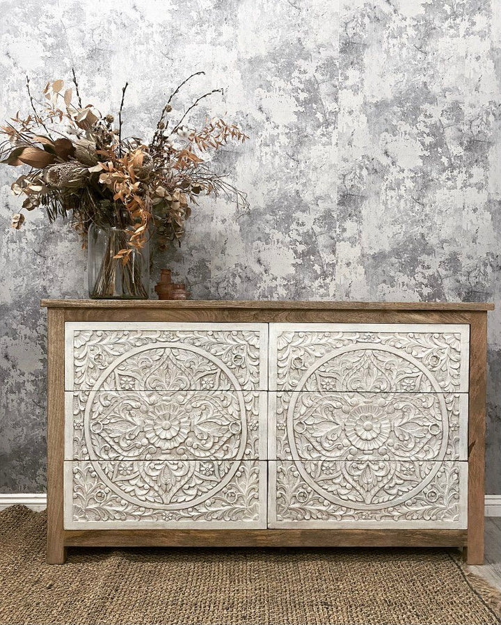Hand Carved Chest of Drawers with Petal Detailing