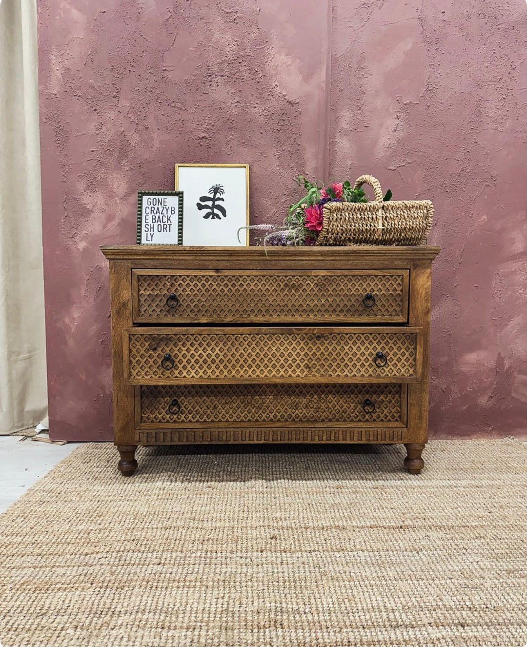 Handcrafted Carved Mango Wood Chest of Drawers