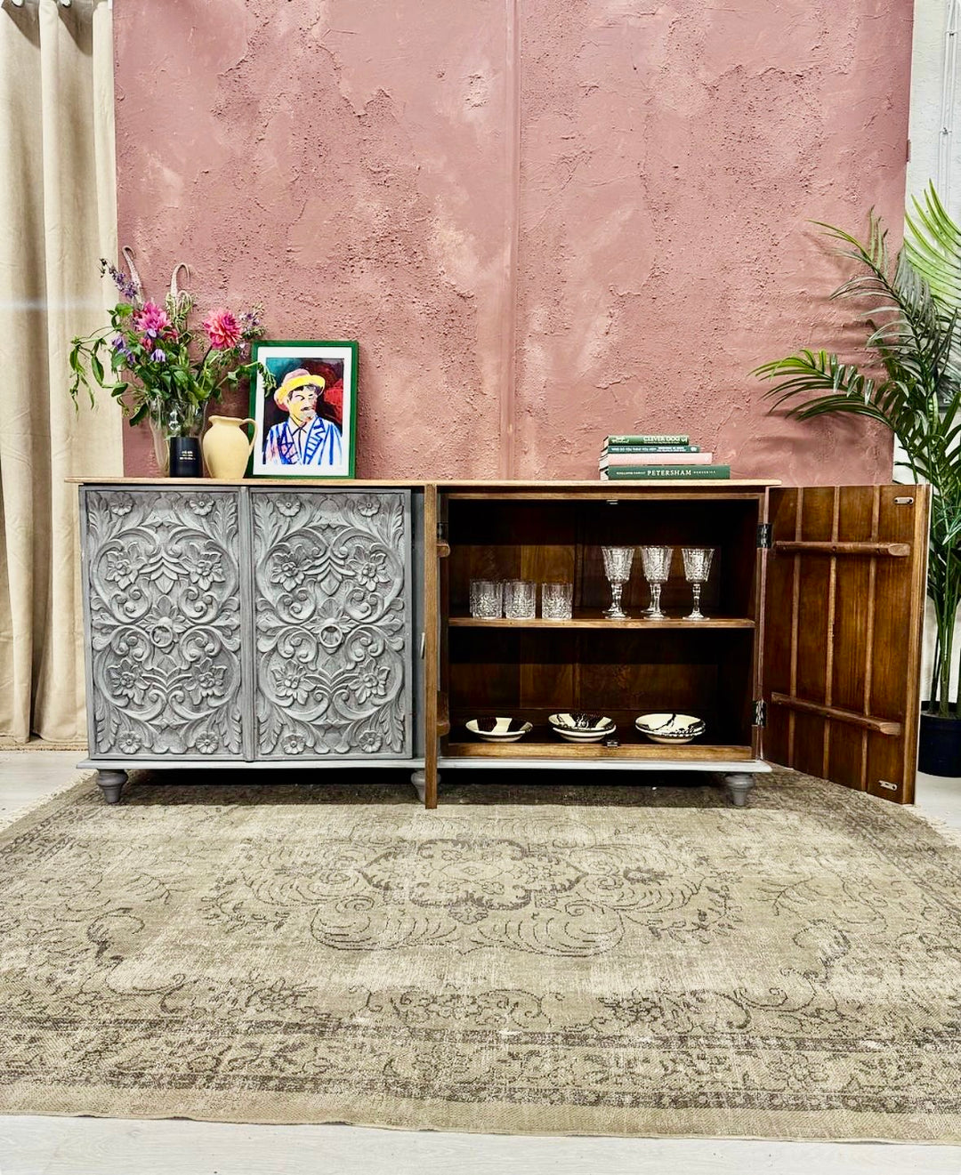 Intricately Hand Carved Mango Wood Four Door Sideboard