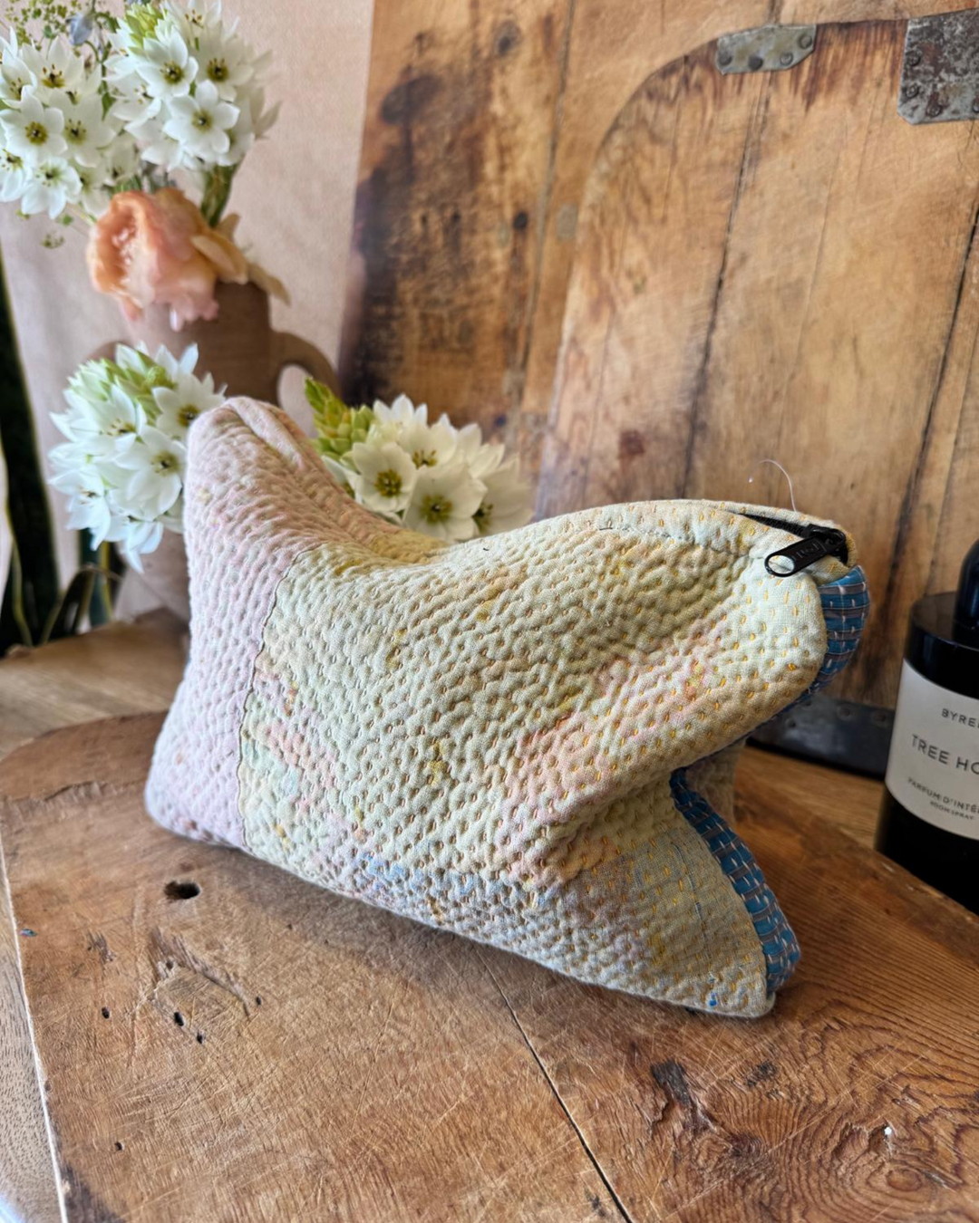 Medium Kantha Sari Wash Bag – Peach & Sky Patchwork Pastels