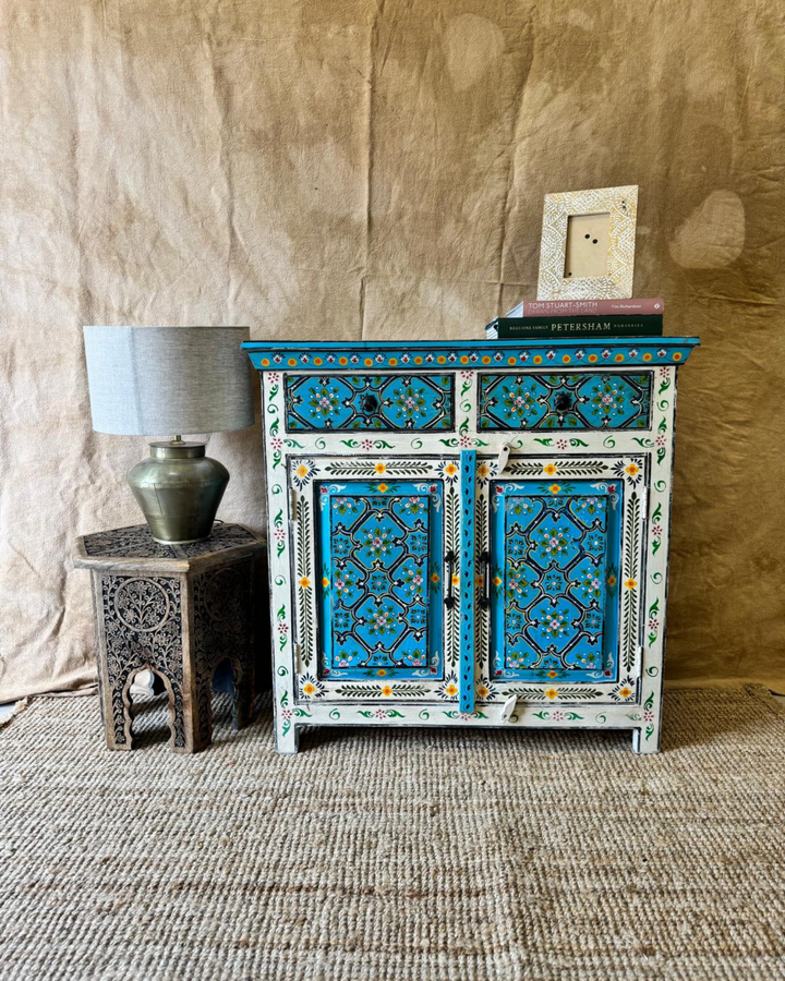 Hand-Painted Mango Wood Sideboard – Turquoise Floral Panels with 2 Doors & 2 Drawers