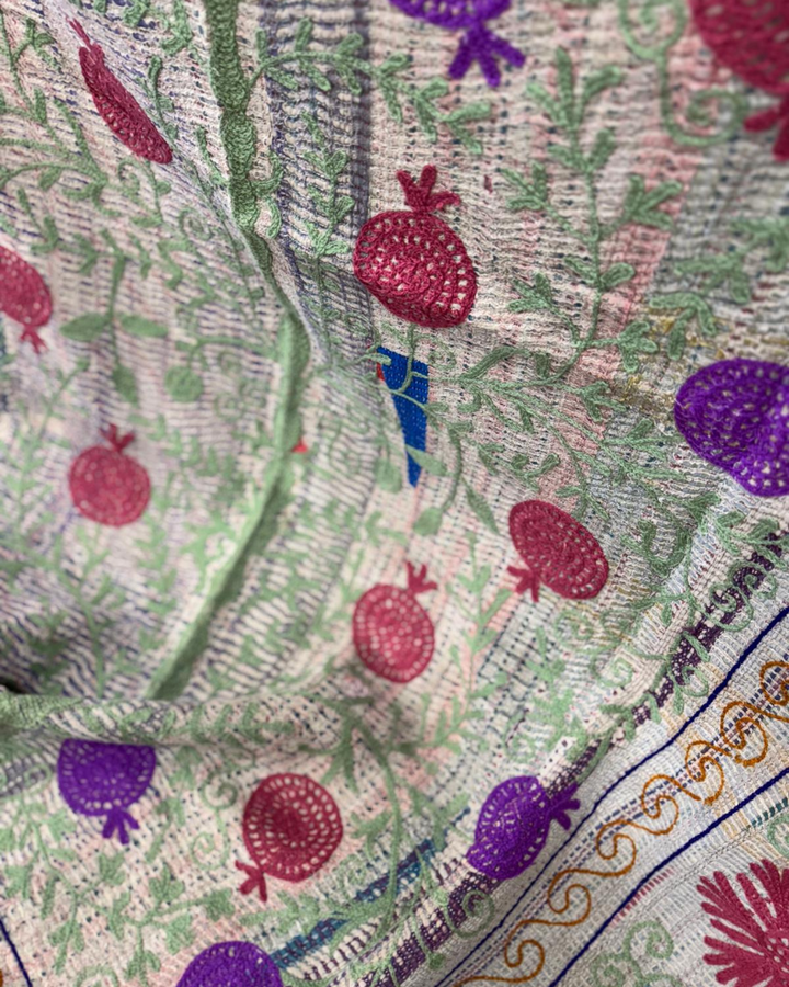 Vintage Hand-Embroidered Kantha Throw – Botanical Stripe Sari in Lilac, Green & Plum