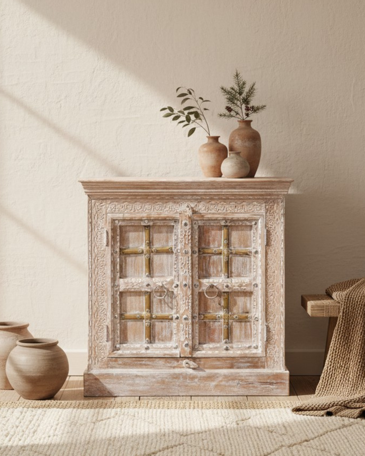 Hand-Carved Mango Wood Sideboard – Two Door, Light Natural Finish (90cm)