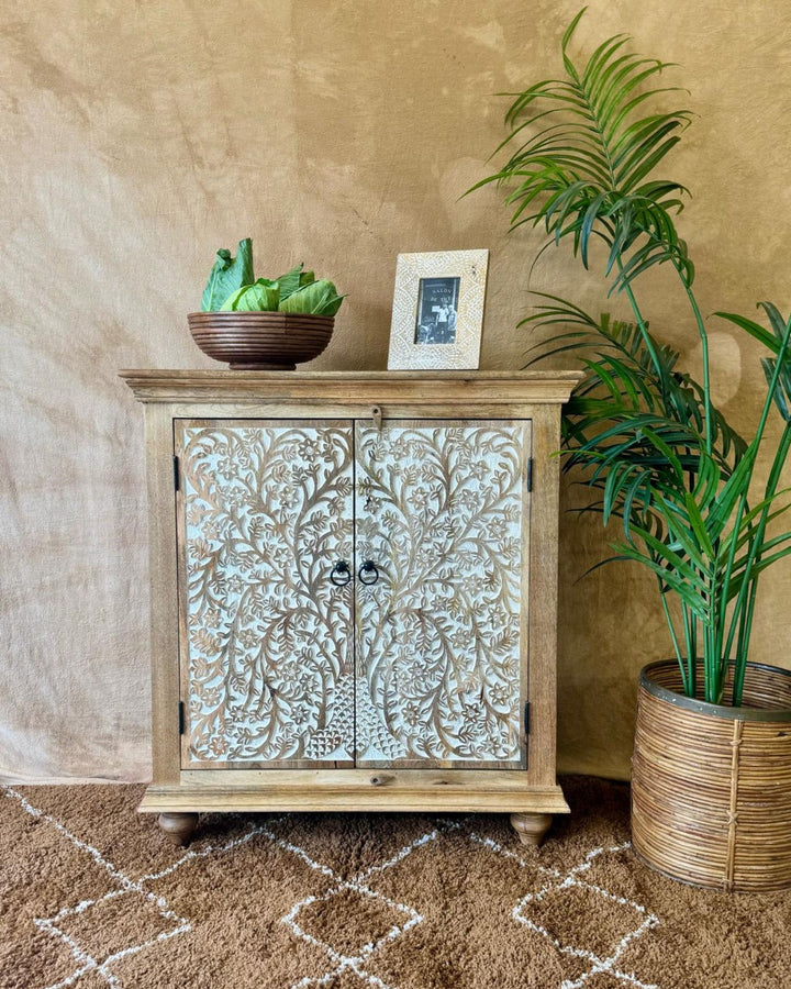 Hand-Carved Mango Wood Sideboard – Tree of Life Design in Natural Whitewashed Finish