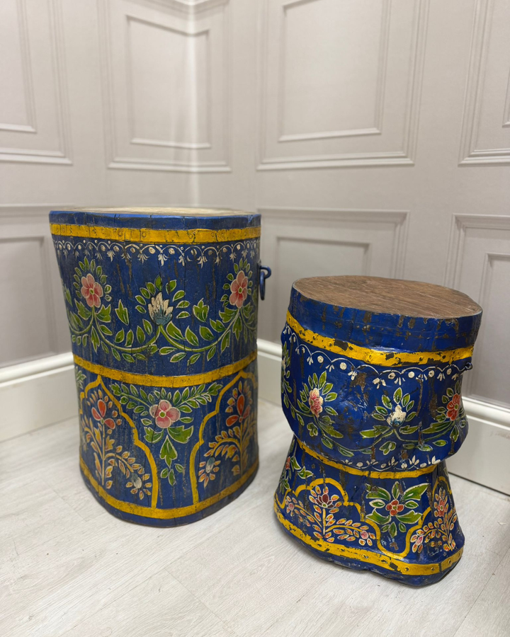 Pair of Authentic Vintage Hand-Painted Mango Wood Stools / Side Tables – Blue Distressed Finish
