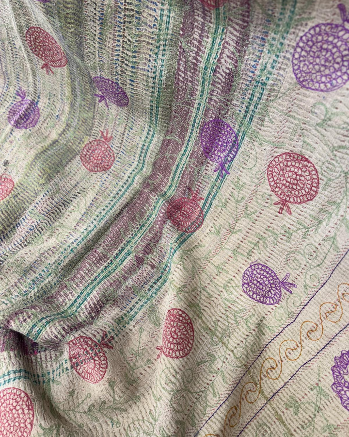 Vintage Hand-Embroidered Kantha Throw – Botanical Stripe Sari in Lilac, Green & Plum