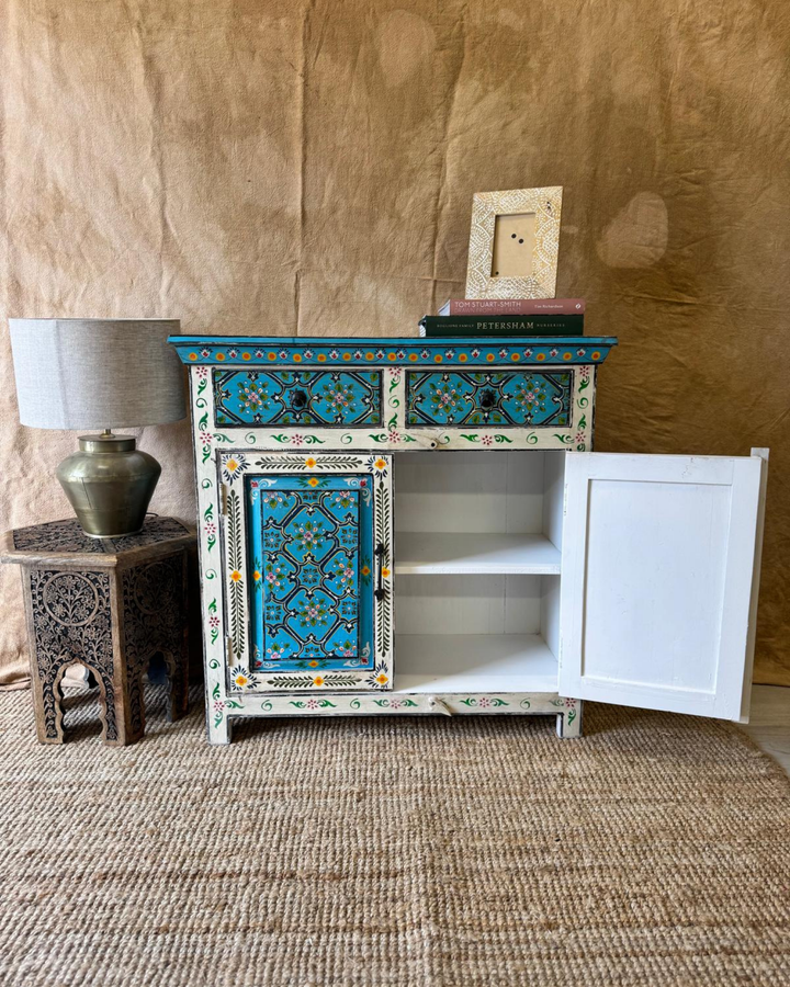 Hand-Painted Mango Wood Sideboard – Turquoise Floral Panels with 2 Doors & 2 Drawers
