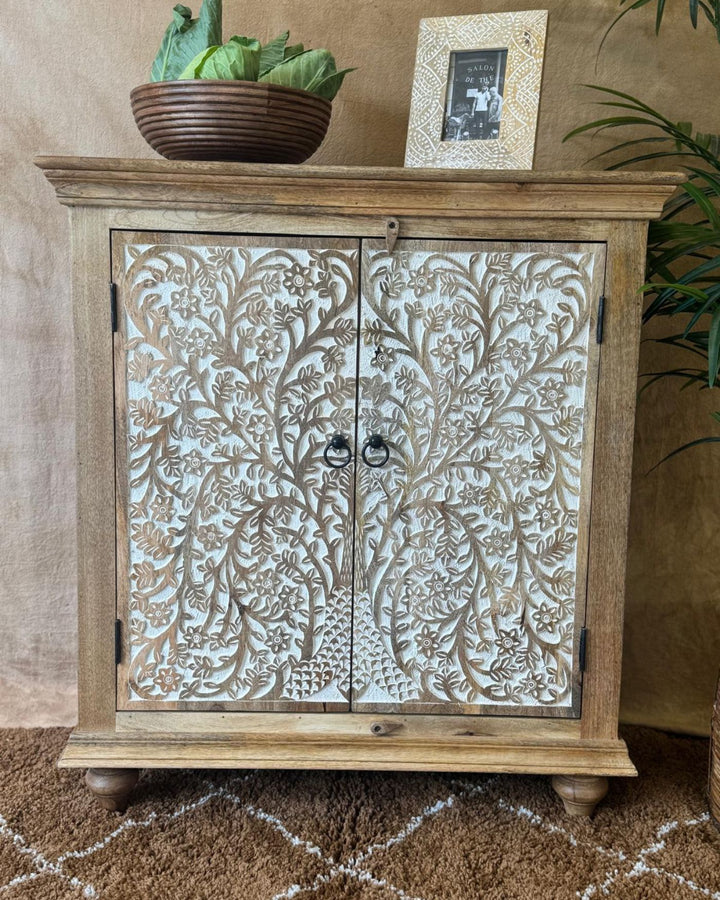 Hand-Carved Mango Wood Sideboard – Tree of Life Design in Natural Whitewashed Finish