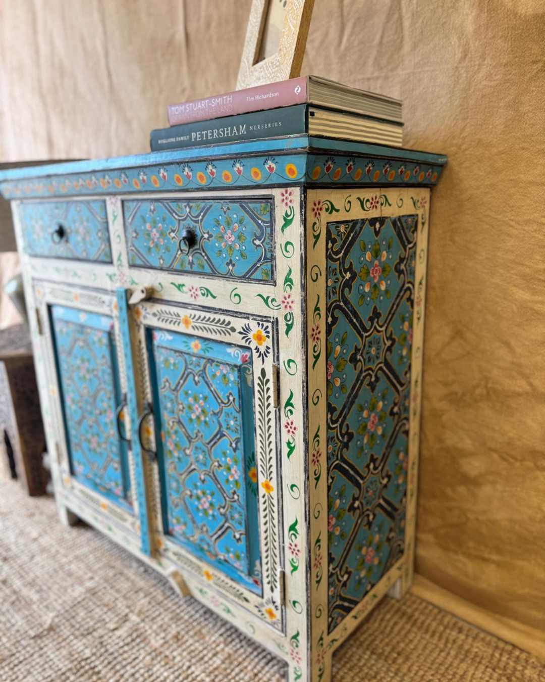 Hand-Painted Mango Wood Sideboard – Turquoise Floral Panels with 2 Doors & 2 Drawers