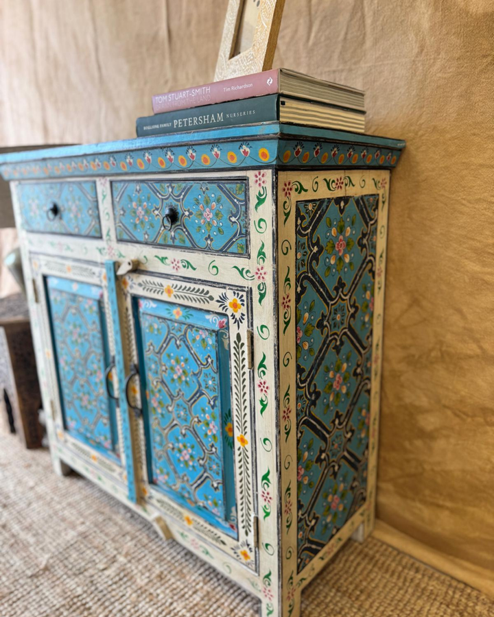 Hand-Painted Mango Wood Sideboard – Turquoise Floral Panels with 2 Doors & 2 Drawers