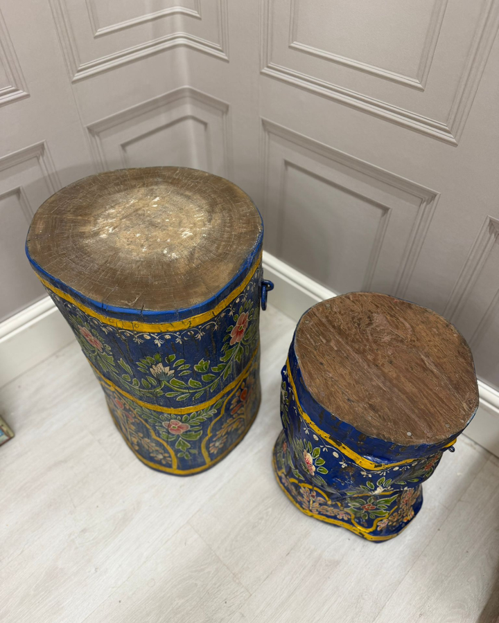Pair of Authentic Vintage Hand-Painted Mango Wood Stools / Side Tables – Blue Distressed Finish