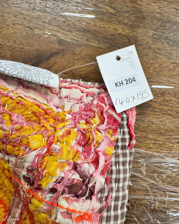 Vintage Hand-Embroidered Kantha Throw – Pomegranate Motif in Deep Brown & Fiery Orange