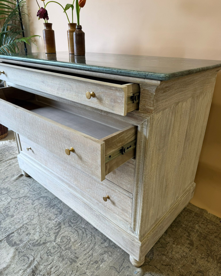 Large Whitewashed Mango Wood Chest of Drawers with Dark Green Marble Top