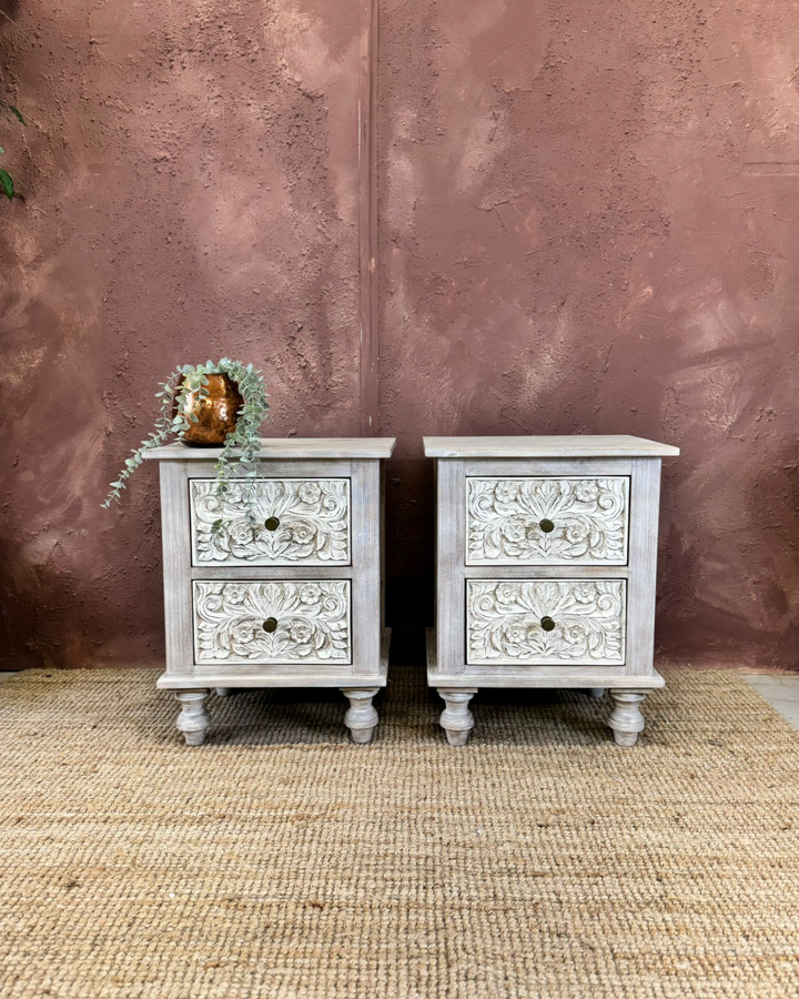 Pair of Hand-Carved Mango Wood Bedside Tables - Whitewashed Finish