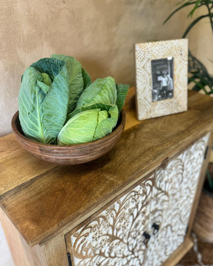 Hand-Carved Mango Wood Sideboard – Tree of Life Design in Natural Whitewashed Finish