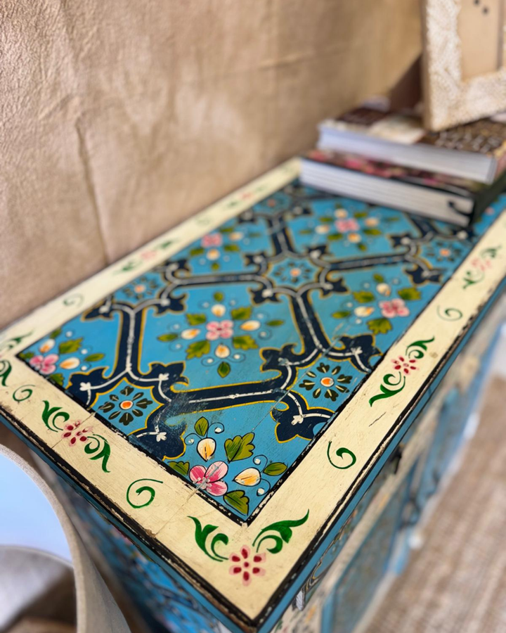 Hand-Painted Mango Wood Sideboard – Turquoise Floral Panels with 2 Doors & 2 Drawers