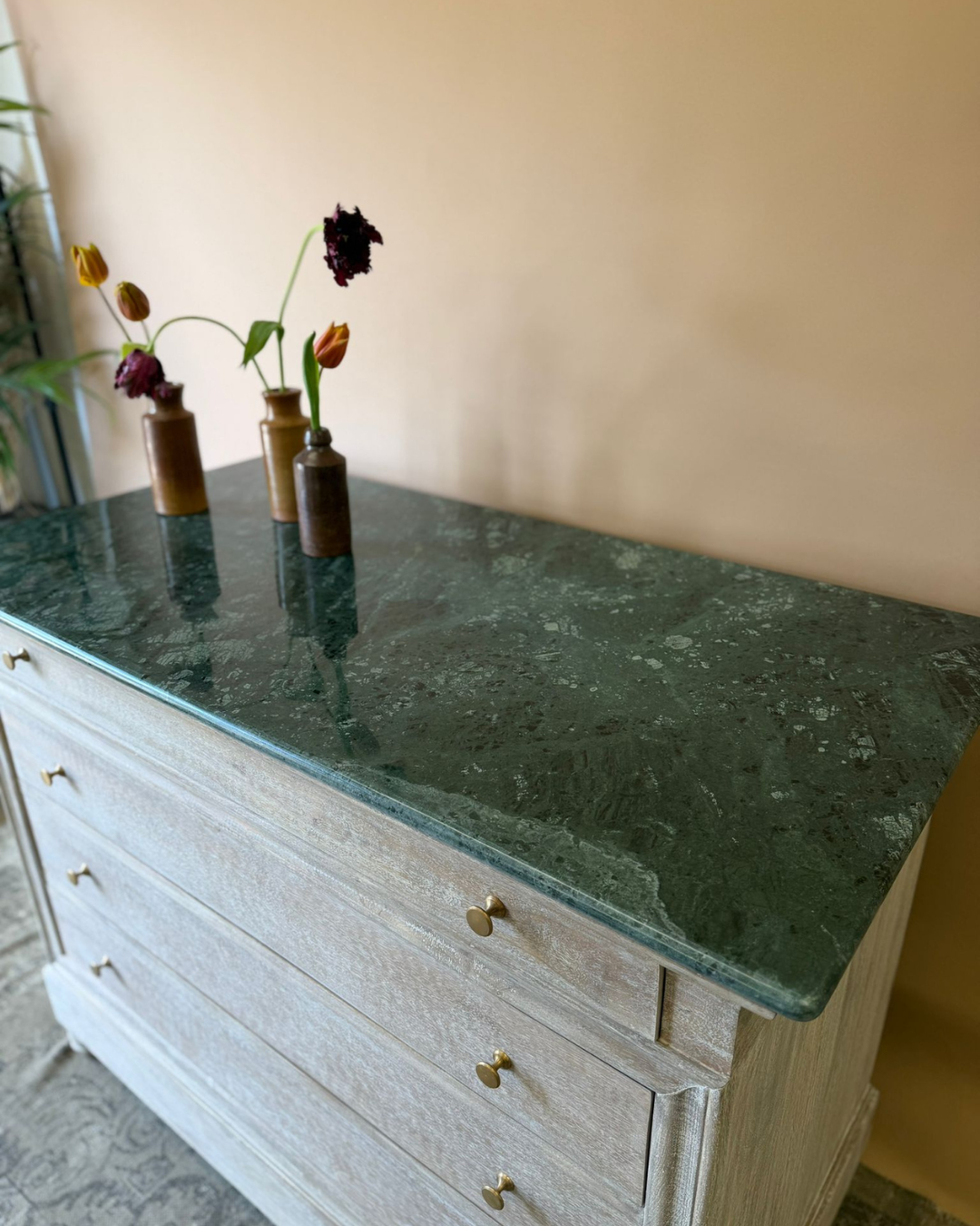 Large Whitewashed Mango Wood Chest of Drawers with Dark Green Marble Top