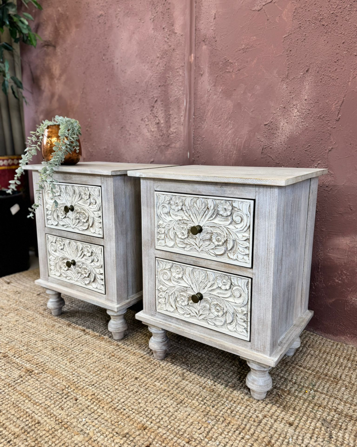 Pair of Hand-Carved Mango Wood Bedside Tables - Whitewashed Finish